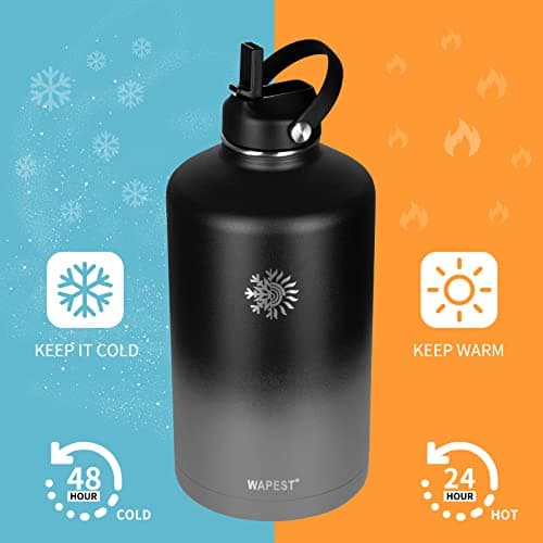 Black & Grey 128 oz Double Wall Stainless Steel Water Bottle with Paracord Handle & Brush, Carrying Pouch & 2 Lids - Gre