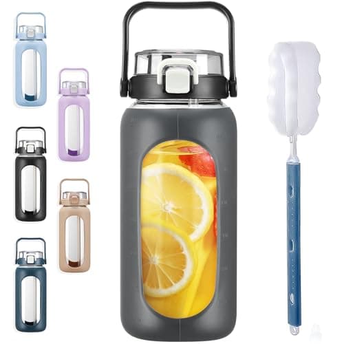 BLUEGO 64oz Large Glass Water Bottle with Straw & Time Marker, White — Dark Grey