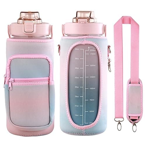 Motivational Straw Water Bottle, BPA Free, 64 Oz (Pink/Blue) — pink-blue/ pink-blue sleeve