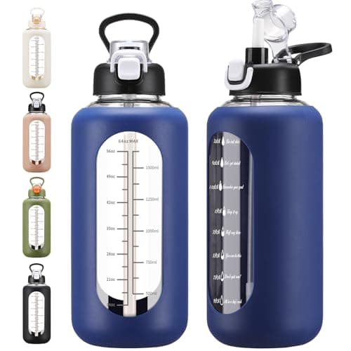 Large 64 oz Motivational Water Bottle with Straw & Time Marker — Blue