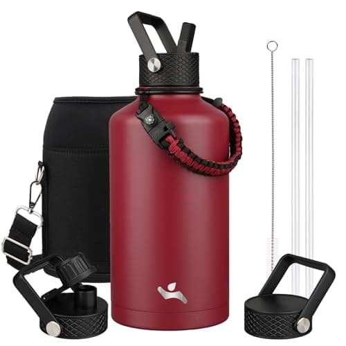 Gray Double Wall Insulated Water Bottle, 128 oz, 3 Lids, Paracord Handle, Carrying Bag — Dark Red