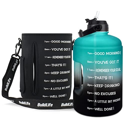 1 Gallon Water Bottle with Straw and Time Marker - Leak-Proof BPA Free Reusable Large Capacity Water Jug — QFC1 GreenD-Black with Sleeve