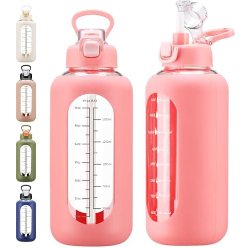 Large 64 oz Motivational Water Bottle with Straw & Time Marker — Pink