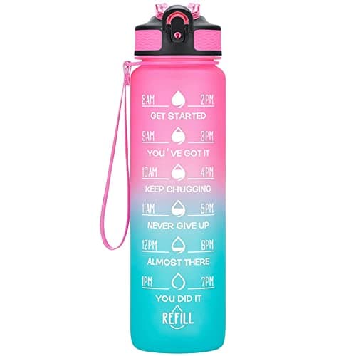 Hyeta 32 oz Motivational Water Bottle with Time Marker, Leakproof Fitness Bottle — Pink-Green