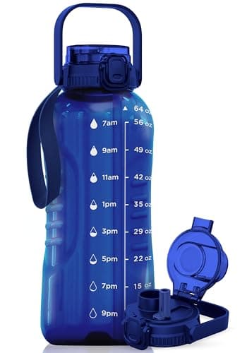 AQUAFIT 128 oz Nebula Water Bottle for Gym with Straw & Chug Lid - BPA Free Timer Marked Anatomical Big Jug with Strap — Blue