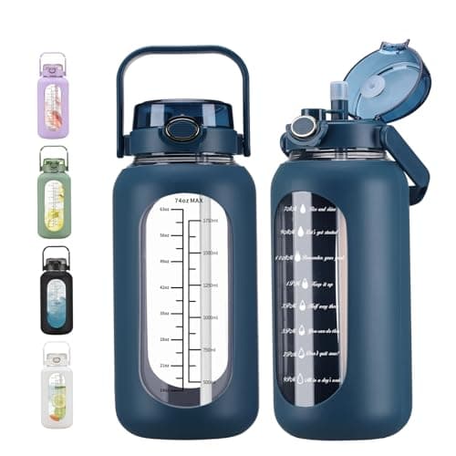 Large Motivational Water Bottle with Time Marker and Silicone Sleeve 2.2L Gym Workout — Dark Blue