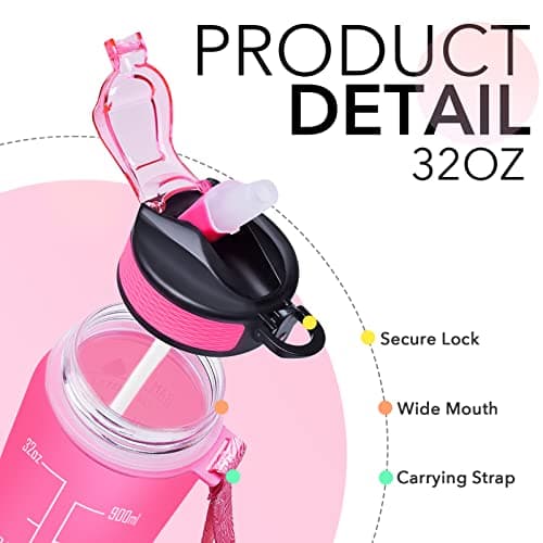 Hyeta 32 oz Motivational Water Bottle with Time Marker, Leakproof Fitness Bottle