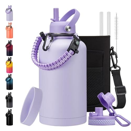 128oz Insulated Stainless Steel Water Bottle - Auto Chug Lid, Straw, Bag, Paracord Handle — Light Purple