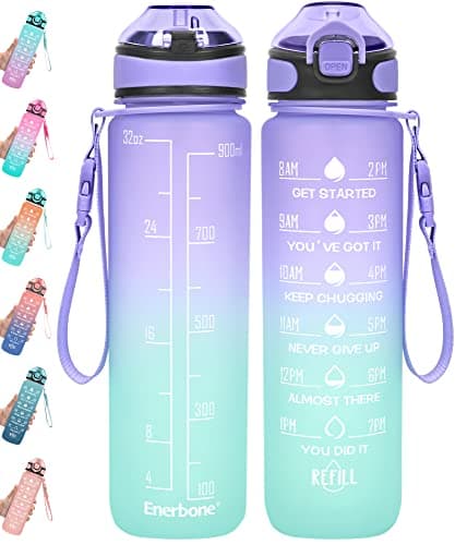 Enerbone 32 oz Motivational Drinking Water Bottle with Straw & Timer, Fitness Gym Outdoor — Light Purple Green