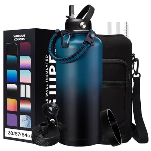 1 Gallon Stainless Steel Insulated Water Bottle with Strap & Sleeve, Straw Lid & Boot Protection — Indigo Black Gradient
