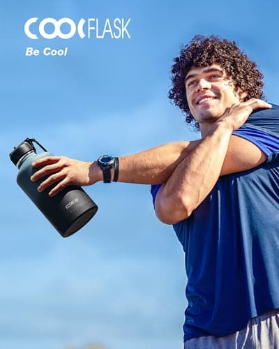 Coolflask Insulated Water Bottle, 64 oz Wide Mouth, Straw & 3 Lids, Keeps Cold 48H, Hot 24H, Samurai Cyan