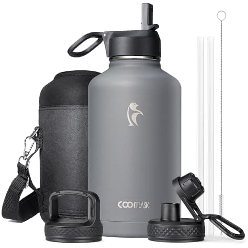 Coolflask Insulated Water Bottle, 64 oz Wide Mouth, Straw & 3 Lids, Keeps Cold 48H, Hot 24H, Samurai Cyan — Knight Gray