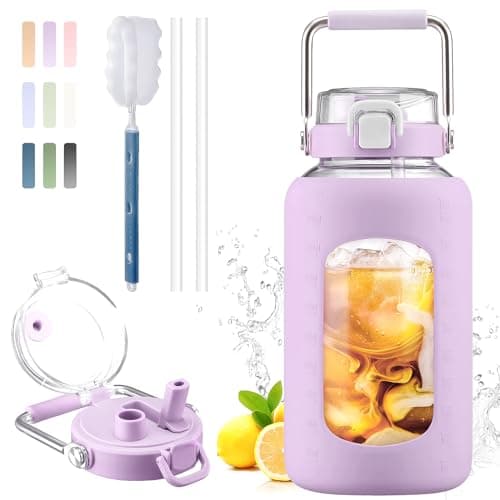 BLUEGO 84oz BPA Free Glass Water Bottle with Stainless Steel Handle and Silicone Sleeve — Purple