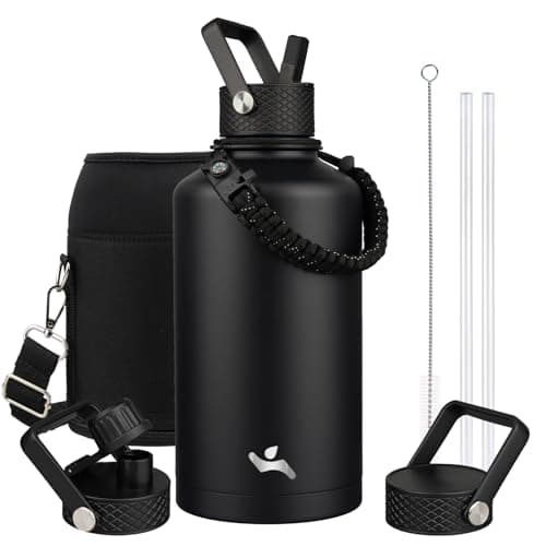 Gray Double Wall Insulated Water Bottle, 128 oz, 3 Lids, Paracord Handle, Carrying Bag — Black