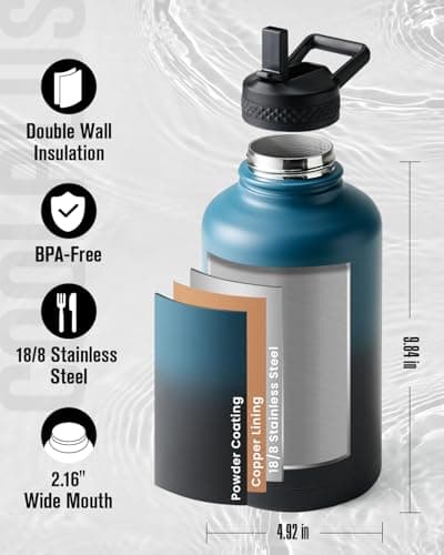 Coolplus Insulated 64 oz Stainless Steel Water Bottle, Keep Cold 48 Hrs, Blue Black