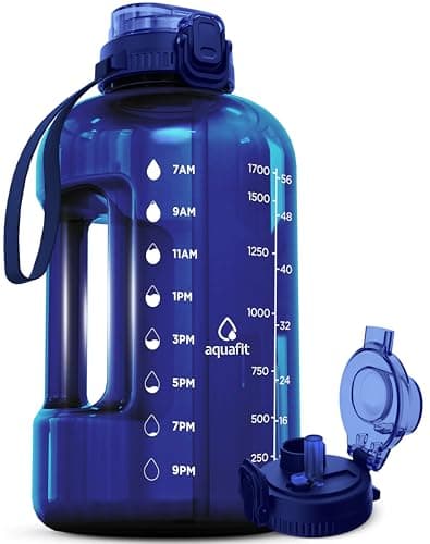 AQUAFIT 1 Gallon Water Bottle for Gym with Time Marker and Straw Lid - BPA Free Big Water Jug - Gray — Blue