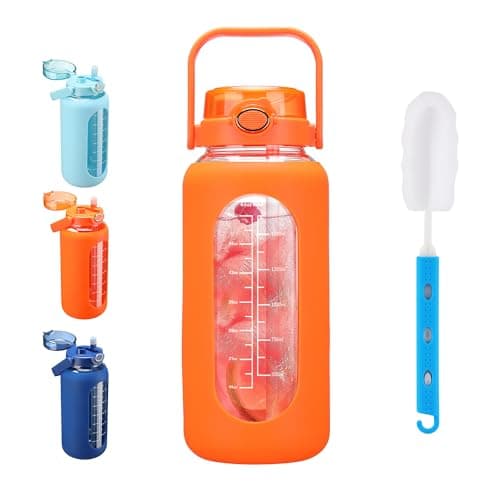 Sierozur 64oz Glass Water Bottle with Straw Lid & Handle Motivational Sleeve Workout Jug — Orange