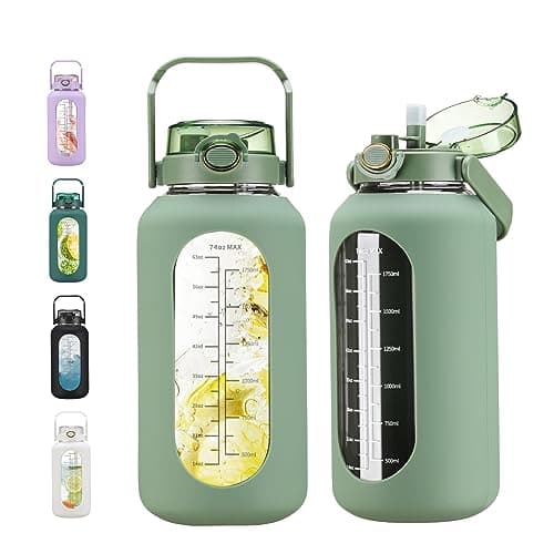 Large Motivational Water Bottle with Time Marker and Silicone Sleeve 2.2L Gym Workout — Olive