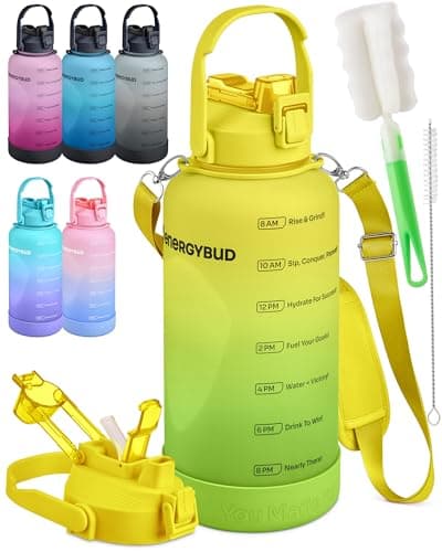 Tritan 1 Gallon Water Bottle with Straw & 6-in-1 Cap | Leakproof, Motivational Markers | No BPA — Yellow & Green