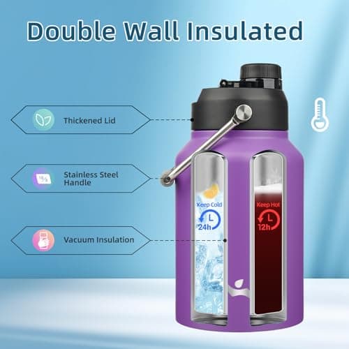 64 oz Insulated Double Wall Stainless Steel Water Bottle with Handle, Purple