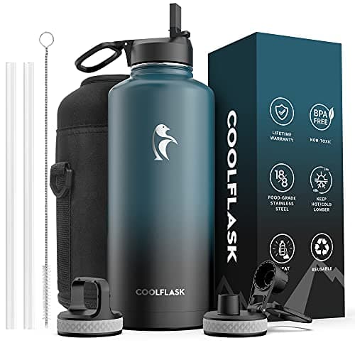 Coolflask Insulated Water Bottle, 64 oz Wide Mouth, Straw & 3 Lids, Keeps Cold 48H, Hot 24H, Samurai Cyan — Samurai Cyan