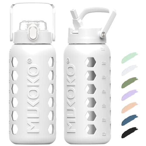 MUKOKO 64oz Glass Water Bottle with Straws & Silicone Sleeve — White