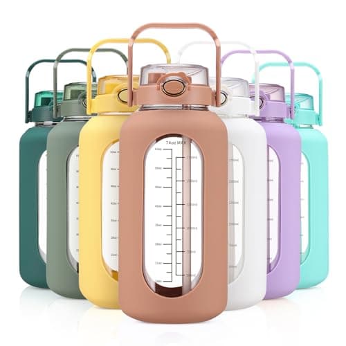 Large Motivational Water Bottle with Time Marker and Silicone Sleeve 2.2L Gym Workout