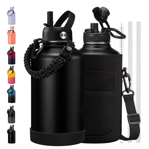 128oz Insulated Stainless Steel Water Bottle - Auto Chug Lid, Straw, Bag, Paracord Handle — Black