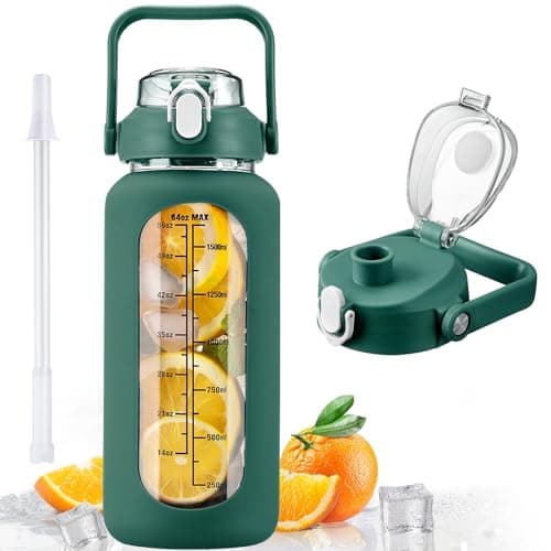 Motivational 64oz Glass Water Bottle with Straw, Silicone Sleeve & Time Marker, Leakproof White Jug for Gym, Home, Offic — Ink green