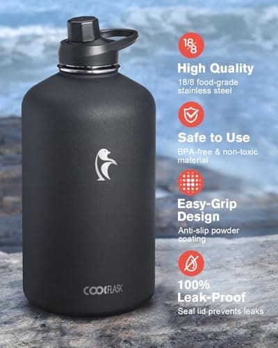 Coolflask 128 oz Insulated Water Bottle with PU Sleeve, Polar Black, Color Contrast Straw Lid