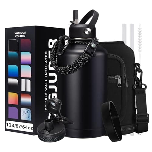 1 Gallon Stainless Steel Insulated Water Bottle with Strap & Sleeve, Straw Lid & Boot Protection — Black