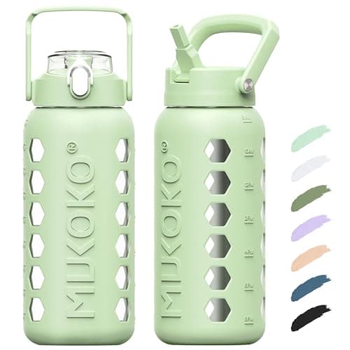 MUKOKO 64oz Glass Water Bottle with Straws & Silicone Sleeve — Green