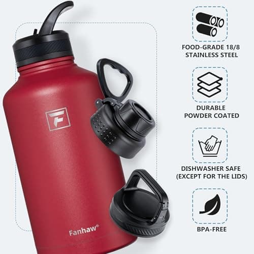Fanhaw 64 oz Red Stainless Steel Insulated Water Bottle (Straw, Spout, Carabiner Lids)