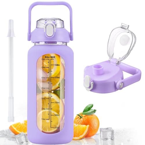 Motivational 64oz Glass Water Bottle with Straw, Silicone Sleeve & Time Marker, Leakproof White Jug for Gym, Home, Offic — Purple