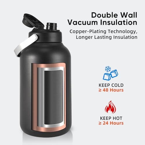 128oz Insulated Stainless Steel Water Bottle, BPA-Free, Black Handle for Sports & Travel