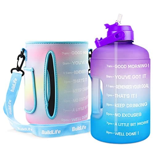 1 Gallon Water Bottle with Straw and Time Marker - Leak-Proof BPA Free Reusable Large Capacity Water Jug — QFC5 Purple/Blue Gradient with Sleeve