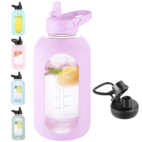 Half Gallon Glass Water Bottle with Straw and Handle, Black — Purple