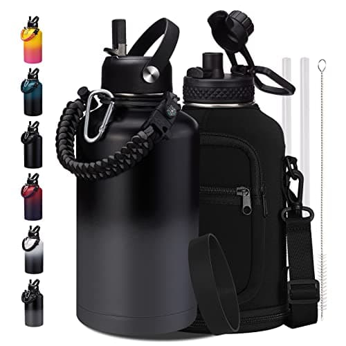 Thermo Mug Water Bottle with Straw & Auto Spout, Paracord Handle & Strap Carrier — Piano Night