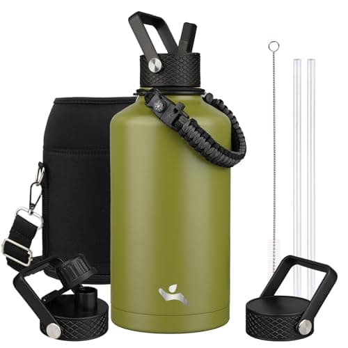 Gray Double Wall Insulated Water Bottle, 128 oz, 3 Lids, Paracord Handle, Carrying Bag — Forest Green