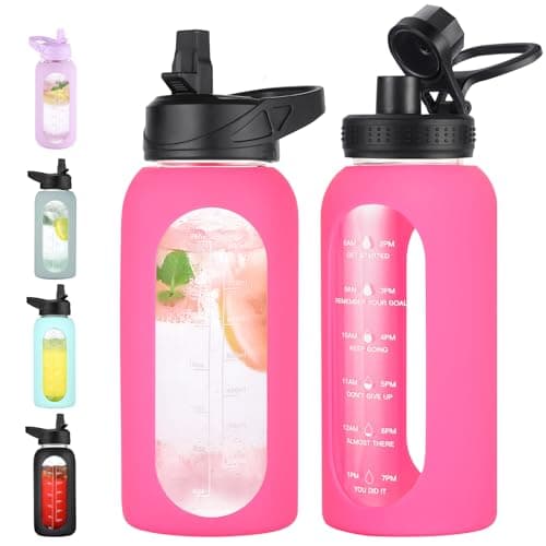 Half Gallon Glass Water Bottle with Straw and Handle, Black — Hot Pink
