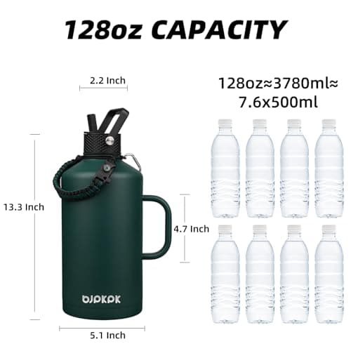 BJPKPK Army Green Insulated Stainless Steel Water Bottle, 50oz-128oz, Straw Lid & Paracord Strap
