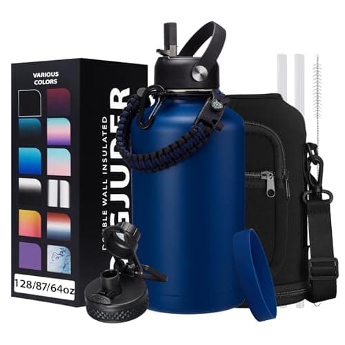 1 Gallon Stainless Steel Insulated Water Bottle with Strap & Sleeve, Straw Lid & Boot Protection — Navy Blue