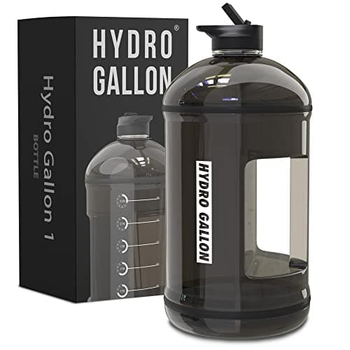 1 Gallon Water Bottle Jug with Straw & Spout Lid, Handle, Time Marker, BPA Free, 128oz (Black)