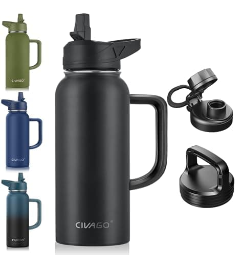 CIVAGO 64 oz Insulated Water Bottle with Straw & Handle, Black — Black