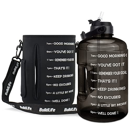 1 Gallon Water Bottle with Straw and Time Marker - Leak-Proof BPA Free Reusable Large Capacity Water Jug — QFC3 Black with Sleeve