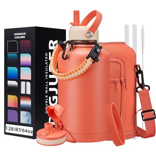 1 Gallon Stainless Steel Insulated Water Bottle with Strap & Sleeve, Straw Lid & Boot Protection — Coral Orange