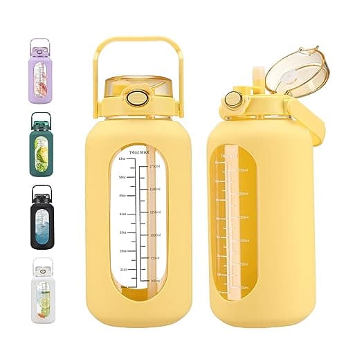 Large Motivational Water Bottle with Time Marker and Silicone Sleeve 2.2L Gym Workout — Yellow