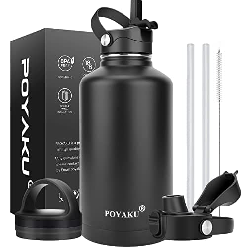 Insulated Stainless Steel Water Bottle, 32oz-128oz, Leak-Proof Straw Lid — Magic Black