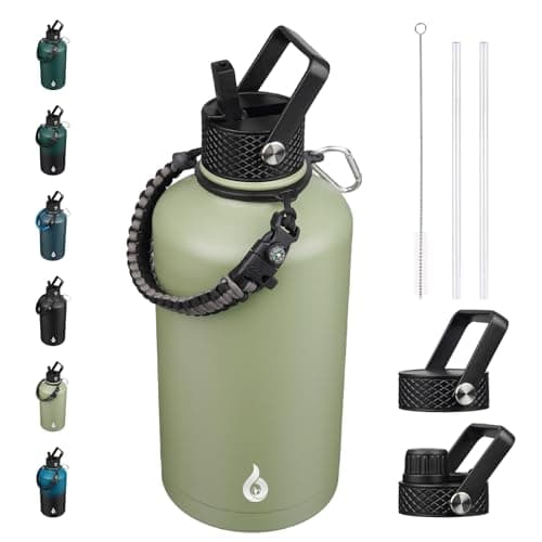 BJPKPK Insulated Water Bottles, Half Gallon, Straw Lid, 64oz, 128oz, Paracord Handle, Stainless Steel — Camp Green