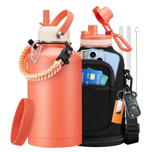 Thermo Mug Water Bottle with Straw & Auto Spout, Paracord Handle & Strap Carrier — Coral Orange